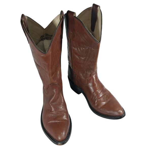 OLD WEST! PECAN BROWN GENUINE LEATHER WESTERN COWBOY BOOTS! FANCY STITCHED!SZ 6M - Picture 2 of 11